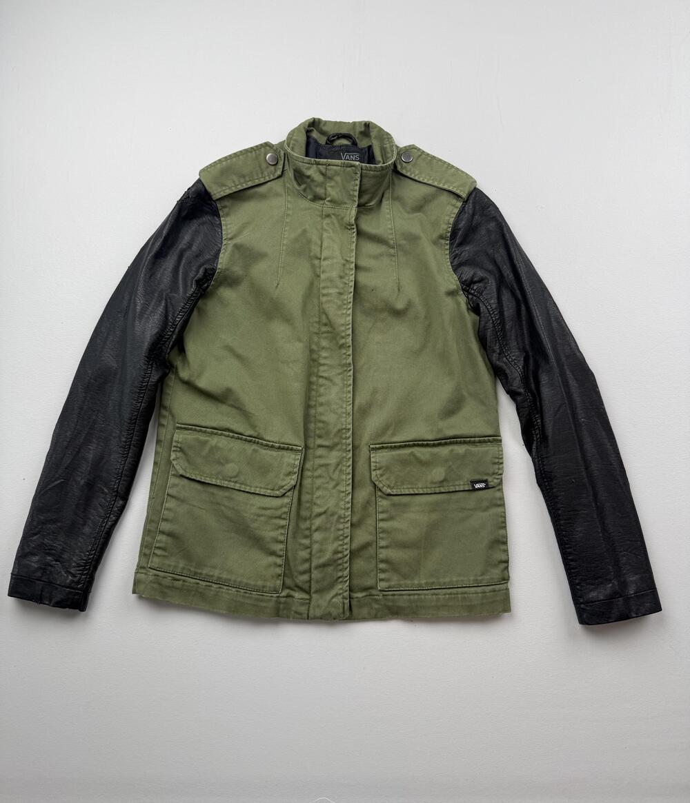 Vans Jacket Womens Small Green Faux Leather Sleeves Military Full Zip Pockets
